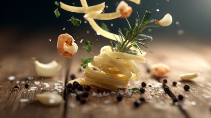 Fresh pasta shrimp garlic rosemary and herbs falling onto a wooden table with salt and pepper