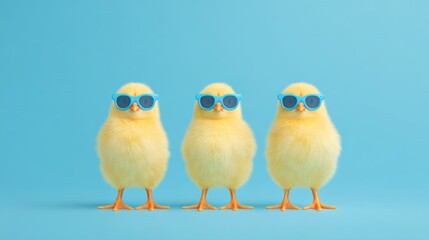 Three yellow chicks wearing blue sunglasses on a light blue background