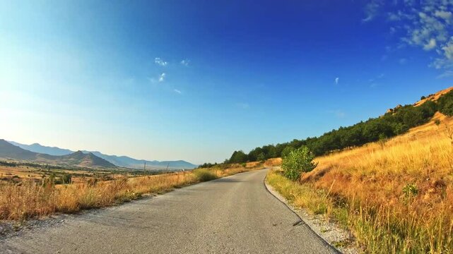 Beautiful colorful landscape, grassland, grove, mountains, POV drive