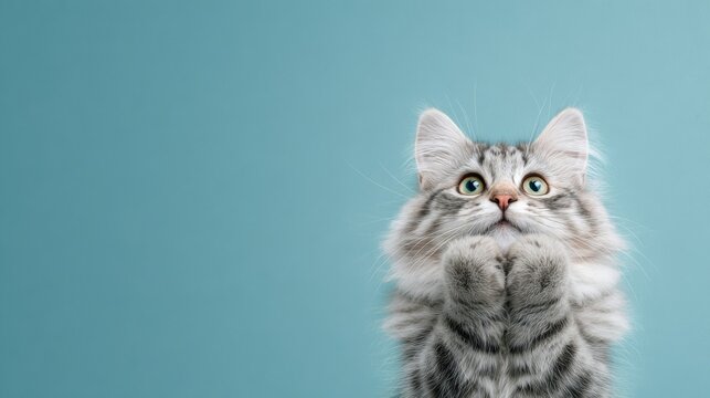 Fluffy gray kitten with paws up against a teal background cat cute animal