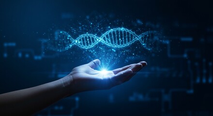 Human hand holding glowing DNA double helix