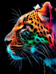 Obraz premium Neon Leopard Head Abstract Portrait with Blue and Green Spectrum Glow