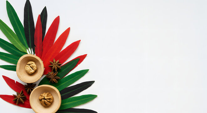 Kwanzaa greeting card design with red, green, and black leaves 