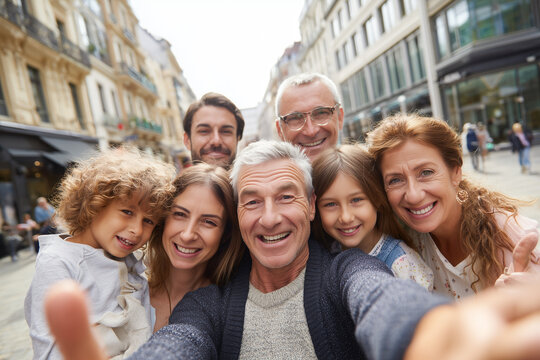 La alegr&iacute;a se multiplica cuando generaciones se unen en un momento compartido de afecto y recuerdo.
Seis personas sonrientes posan para un selfi al aire libre; 
