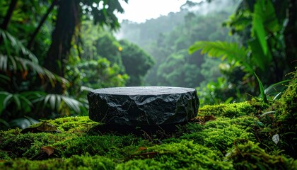 Obraz premium Dark stone disc on mossy forest floor. Lush, green jungle backdrop