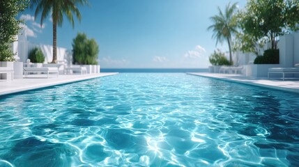 Vibrant Blue Water in Infinity Swimming Pool on Tropical Vacation with Palm Trees against Bright Blue Sky and Coastal Horizon and White Modern Architecture