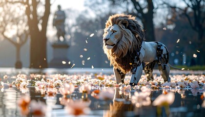 Lion Walking in Water with Falling Petals in a Park Setting