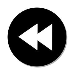 A classic, minimalist Rewind icon featuring a solid white double arrow pointing left, centered within a solid black circle
