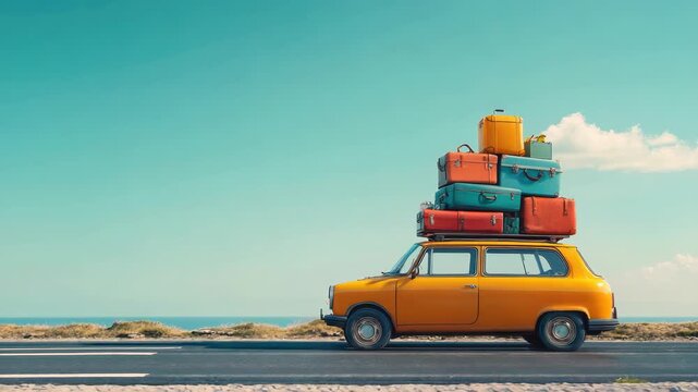 A yellow car parked on a road with a stack of colorful luggage on the roof. The background features a clear blue sky and distant hills.