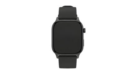 Front view of a generic black smart watch with a blank display, shown isolated against a pure white studio background for mockup purposes