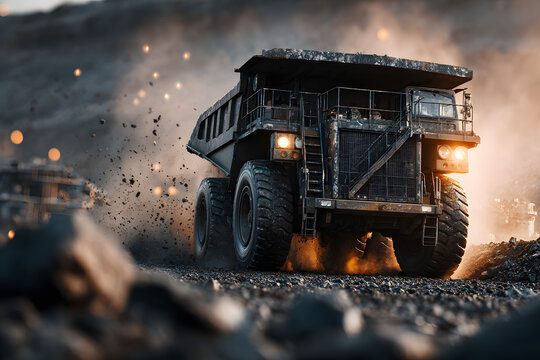 Big mining truck unloads ore for crusher, processing plant. Stones is crushed to recover copper, gold, iron metal