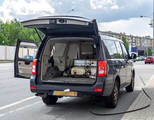 Dark gray van with open tailgate, street scene
