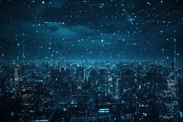 City skyline illuminated at night with digital effects showcasing urban technology