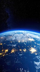 Obraz premium Earth from space, night view. Visible continents, clouds, and city lights. Vast expanse of starry night sky