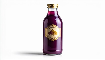 Delicious grape juice in an elegant bottle with a gold cap on a pristine white background is perfect for refreshing summer promotions