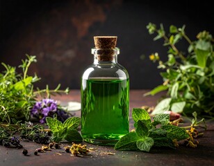 Green herbal elixir in a glass bottle