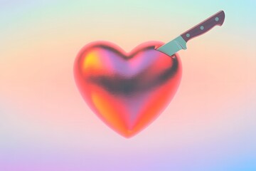 Colorful 3D Illustration of a Glossy Metallic Red Heart Pierced by a Knife, Floating Against a Soft Pastel Gradient Background Symbolizing Emotional Pain and Contrast