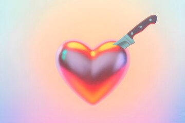 Glossy Metallic Red Heart Pierced by a Knife Floating Against a Soft Dreamy Pastel Background in a Surreal 3D Concept