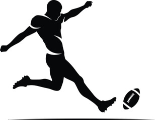 Black and white vector illustration of a dynamic football player kicking a ball, minimalist silhouette style, clean lines, isolated on white background