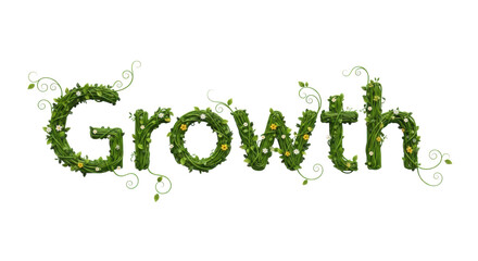 Artistic Green Growth Word Art with Delicate Flowers and Vines Transparent Background