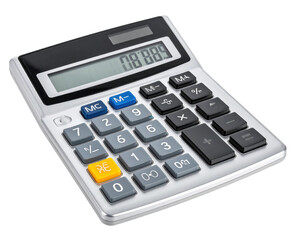 A close-up, angled view of a modern, light gray calculator with black and gray keys and a clear display showing a numerical value.