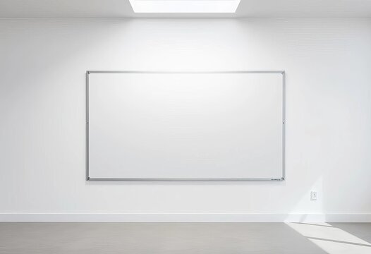 Clean white whiteboard on wall in bright room, work, office space