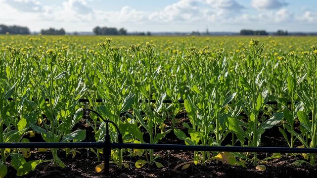 Medium shot of camelina plants thriving with drip irrigation system delivering precise water amounts for efficient growth and conservation