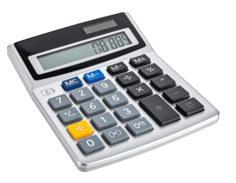 A close-up, angled view of a modern, light gray calculator with black and gray keys and a clear display showing a numerical value.