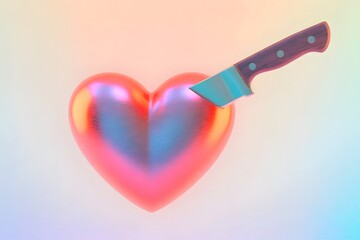 Glossy Metallic Red Heart Pierced by a Knife Floating Against a Soft Dreamy Pastel Background in a Surreal 3D Concept
