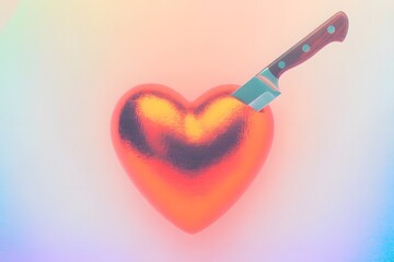 Colorful 3D Illustration of a Glossy Metallic Red Heart Pierced by a Knife, Floating Against a Soft Pastel Gradient Background Symbolizing Emotional Pain and Contrast
