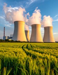 Three cooling towers of a power plant emitting steam, set against a vibrant green field under a partly cloudy sky