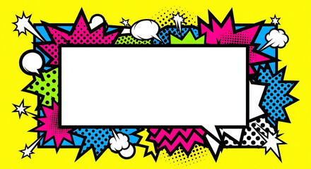 A vibrant pop art comic book background featuring a large blank rectangular speech bubble for text, surrounded by colorful explosions and graphic elements.