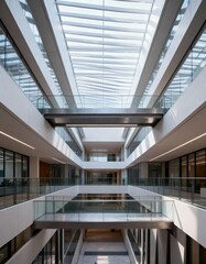 Fototapeta premium Modern office atrium with skybridge and glass roof structure 