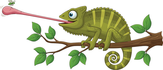 Cartoon chameleon catching insect with long tongue on tree branch, nature animal illustration for kids, jungle, wildlife, hunting design © Arman World