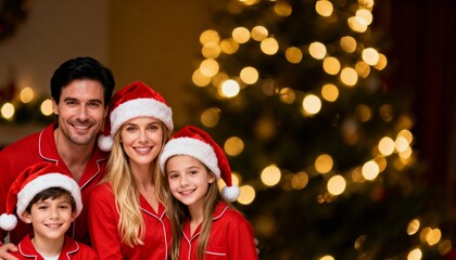 Happy family Christmas portrait red pajamas Santa hats holiday celebration home festive matching outfits parents children copy space warm lights bokeh background
