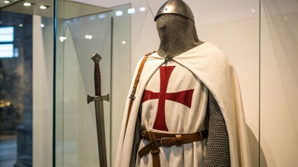 Close Up of Crusader Templar War Costume Displayed in Glass Case for Museum Exhibition