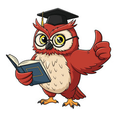 Wise owl with graduation cap holding book gives thumbs up knowledge symbol