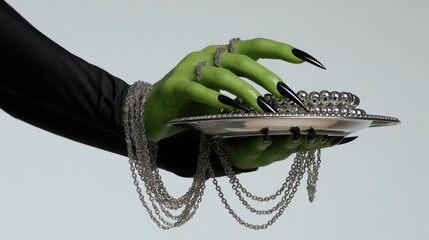 Witch's green hand on solid white background, green skin, long black pointy nails and black dress sleeve showing. Palm should be facing up and open as if holding a platter, halloween banner background