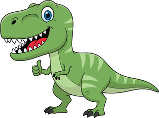 Cartoon green dinosaur, friendly T-rex, thumbs-up gesture, smiling reptile, children’s character, vector art, educational mascot, fun pose, stock design