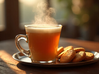 Close-up of traditional Nepali milk tea in transparent glass cup, steam visible, placed on metal tray with biscuits on the side,