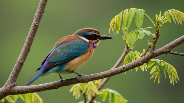 A colorful bee-eater bird perched on a branch with green leaves.
