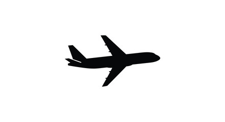 A black airplane flying against a white background striking silhouette