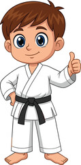 Cartoon martial arts boy, white uniform, black belt, thumbs-up pose, confident character, vector art, karate kid, stock illustration