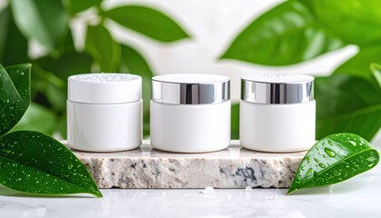 Skincare Cream Jars on Marble with Green Leaves with Natural Beauty.