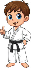 Cartoon martial arts boy, white uniform, black belt, thumbs-up pose, confident child, vector character, karate fighter, stock illustration, discipline