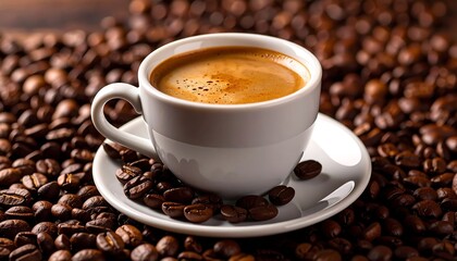 Espresso in a white cup surrounded by coffee beans