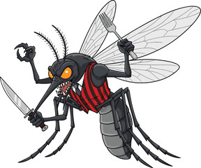 Cartoon mosquito character with knife and fork, aggressive insect illustration, red striped vest, villain bug design, white background vector clipart