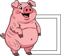 Cartoon pig character with blank frame, cheerful farm animal illustration, smiling pink pig, educational design, white background, vector clipart