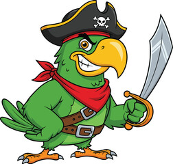 Cartoon pirate parrot with sword and hat, colorful bird character illustration for kids, adventure, animal, costume, sea, fantasy design