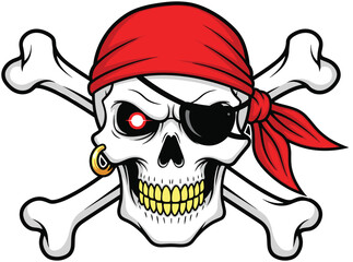 Cartoon pirate skull, red bandana, crossbones symbol, glowing eye, eyepatch character, gold earring, vector art, danger icon, stock design